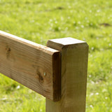 Detail der Verbindung von Holzplanke und Vierkantpfahl am Plankenzaun