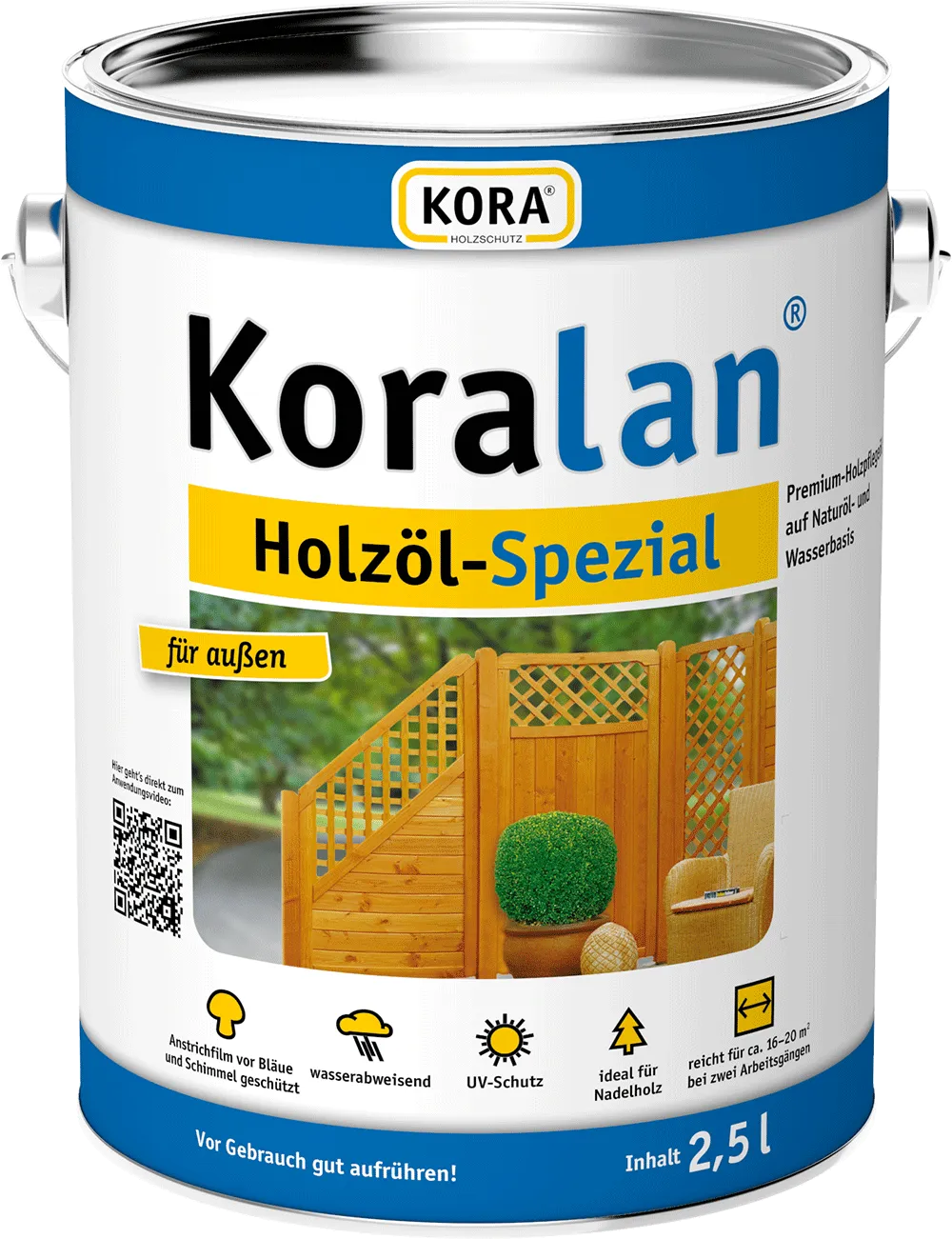 Koralan Holzöl Spezial Pflegeöl im 2,5 l Eimer mit Gartenmotiv, Freisteller