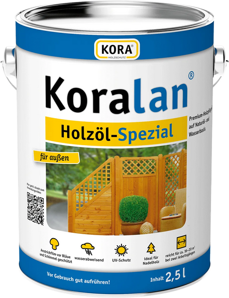 Koralan Holzöl Spezial Pflegeöl im 2,5 l Eimer mit Gartenmotiv, Freisteller
