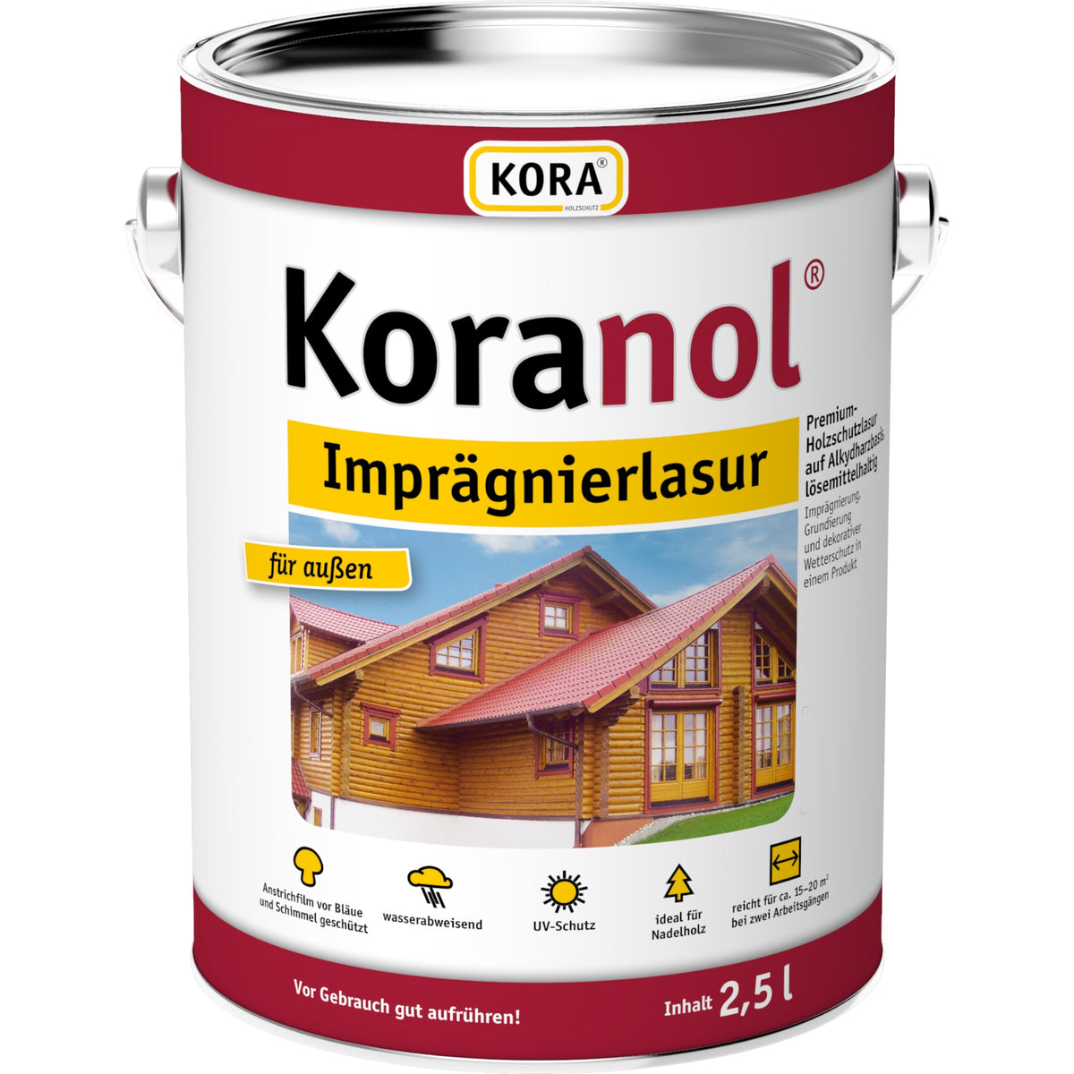 Koranol Imprägnierlasur Holzschutzlasur im 2,5 l Eimer mit Holzhausmotiv, Freisteller