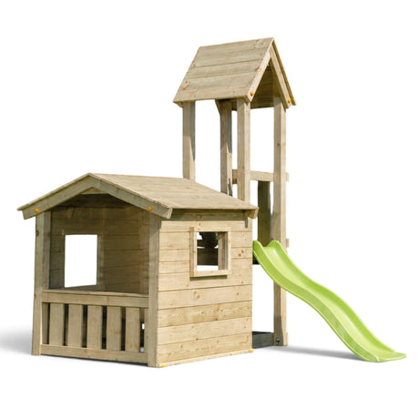 Spielturm Medebach aus kesseldruckimprägniertem Holz mit Spielhaus, Turm und grüner Rutsche, Freisteller