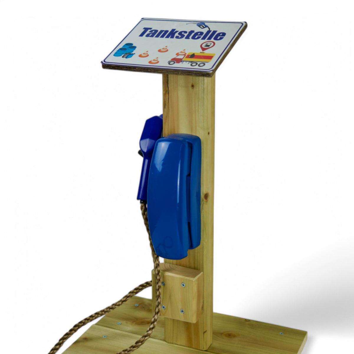 Oberer Teil der Spiel Tankstelle mit Schild und blauem Spiel Telefon, Detail