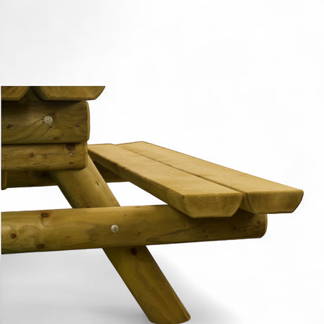 Sitzbank mit Rundholzbein und Querstrebe am Picknicktisch Hönnetal im Detail