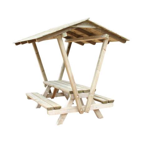Picknicktisch mit Dach kesseldruckimprägniert, Holz Sitzgruppe mit Satteldach und zwei Bänken, Freisteller