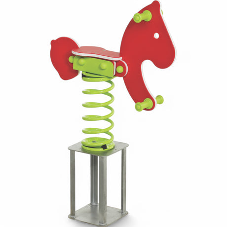 Federwipper Pony in Rot mit Spiralfeder und Bodenanker aus Metall für Spielplätze, Freisteller