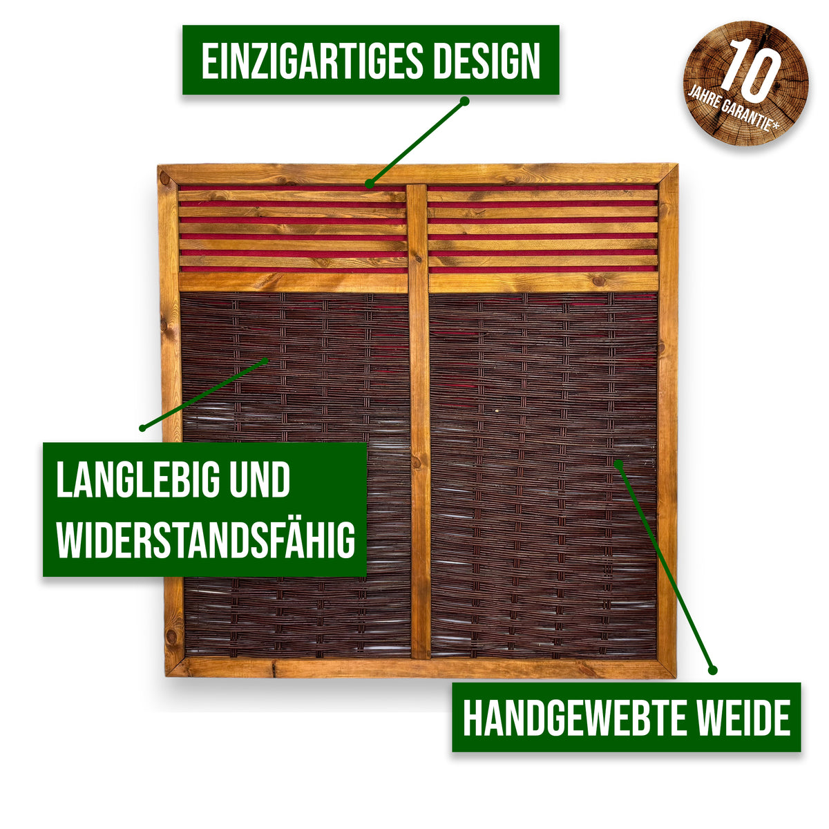 Infografik Weidenzaun Rothaarsteig mit handgewebter Weide, langlebig und widerstandsfähig