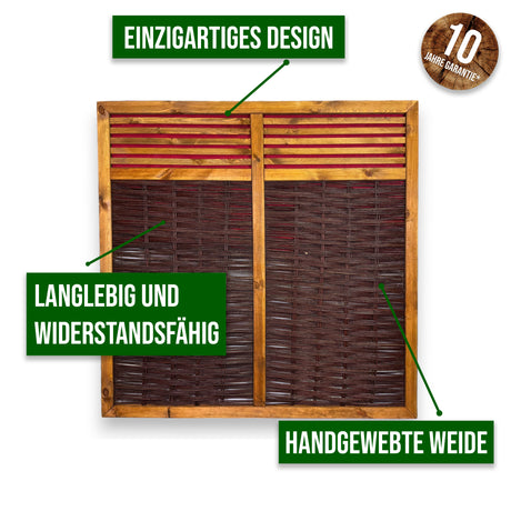 Infografik Weidenzaun Rothaarsteig mit handgewebter Weide, langlebig und widerstandsfähig
