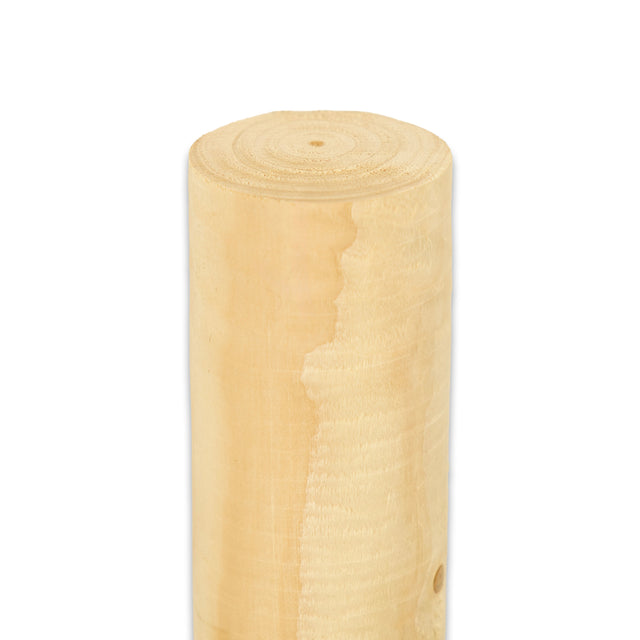 Rundholz naturbelassen, zylindrisch gefräster heller Holzpfahl stehend, Freisteller