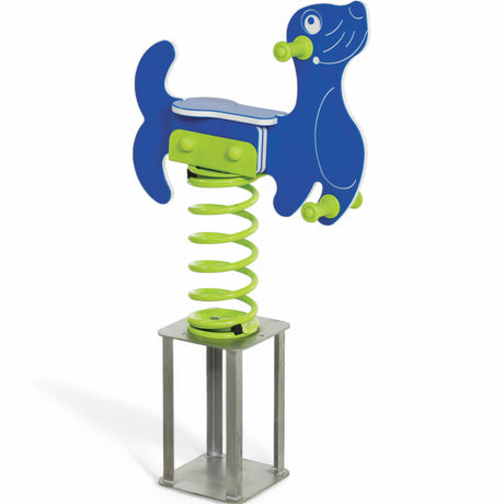 Federwipper Seehund in Blau mit Spiralfeder und Bodenanker aus Metall für Spielplätze, Freisteller