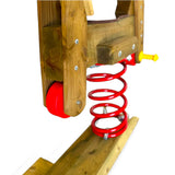 Rote Spiralfeder und Vorderrad am Holz Federwipper im Detail