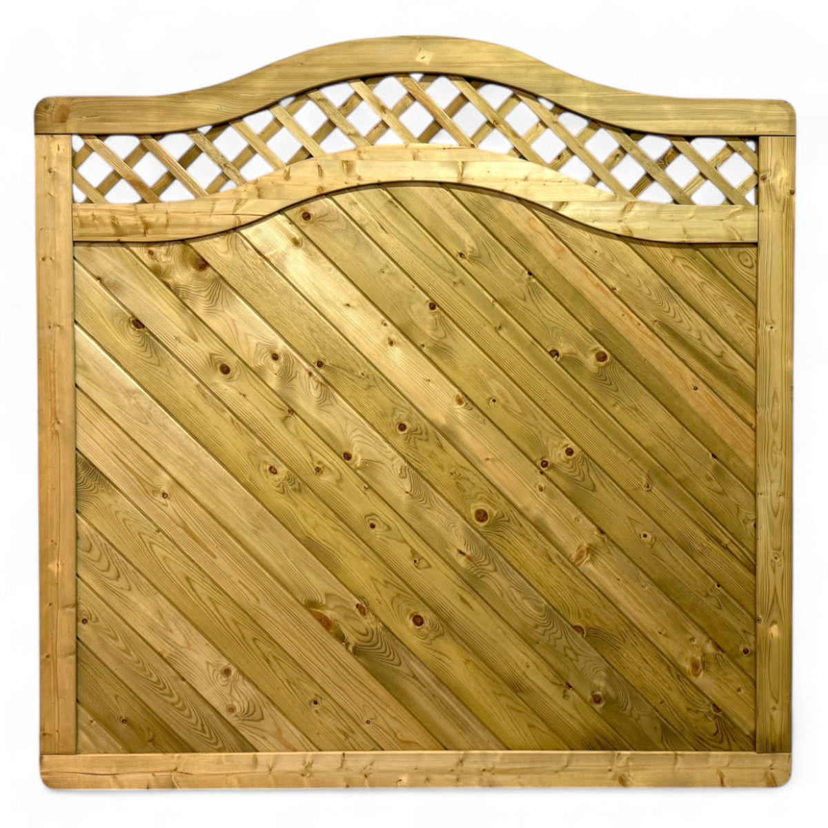 Sichtschutzelement Homberg mit geschwungenem Rankgitter oben und diagonalen Holzbrettern, Frontansicht