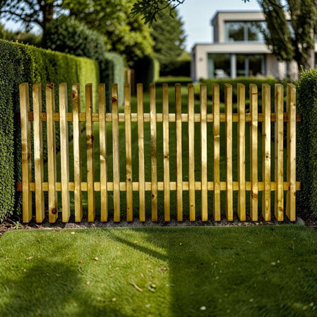 Holz Gartenzaun Diemelzaun als Sichtschutz und Grundstücksgrenze im Garten vor einem Haus