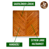 Infografik Sichtschutz Stüppel aus Sauerländer Lärche, handgeölt und extrem lange haltbar