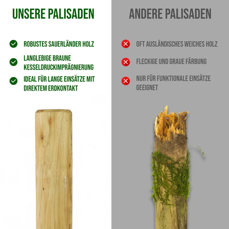 Infografik Vergleich unserer Palisaden aus Sauerländer Holz mit anderen Palisaden