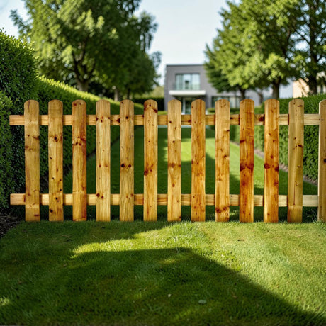 Holzzaun Biggezaun als Gartenzaun auf dem Rasen vor einer Hecke