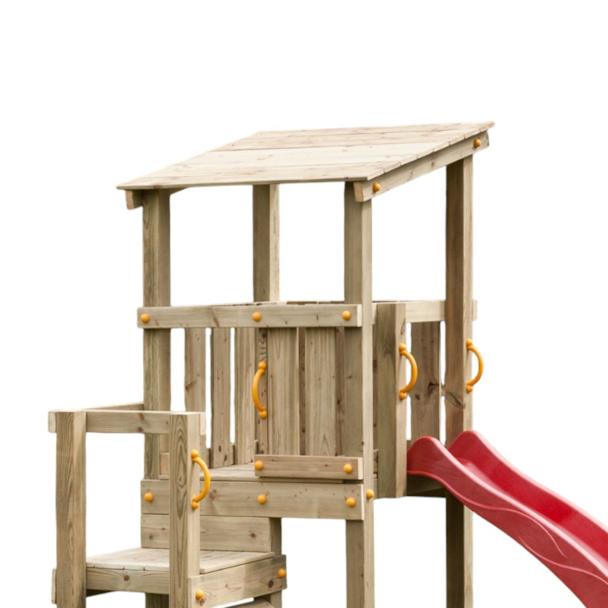 Obere Plattform des Spielturms Altena mit Holzdach, Anbau und Haltegriffen, Detail