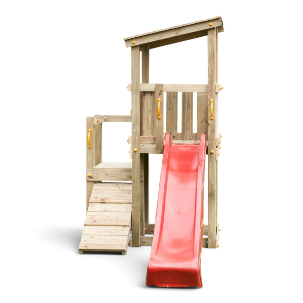 Spielturm Altena mit roter Rutsche und Anbau mit Kletterrampe, Freisteller