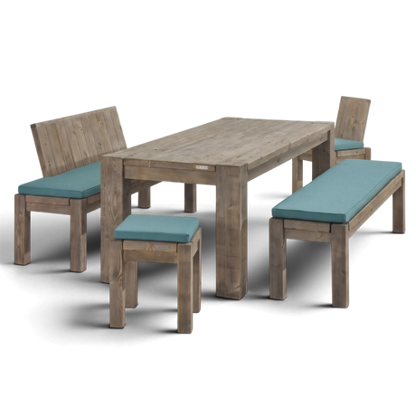 Massivholz Gartenmöbel Set mit Tisch, Bank, Stühlen und Hocker mit blauen Sitzkissen