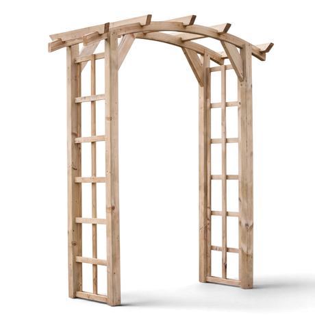 Pergola Elspe kesseldruckimprägniert als Rosenbogen mit Rankgitter Seitenteilen und geschwungenem Dach, Freisteller