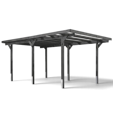 Einzelcarport Willingen, hier grau lasiert, mit Flachdach und Kopfbändern auf sechs Pfosten, Freisteller