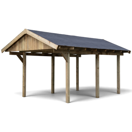 Einzelcarport Attendorn kesseldruckimprägniert mit Satteldach, Giebelverkleidung und dunkler Dacheindeckung, Freisteller