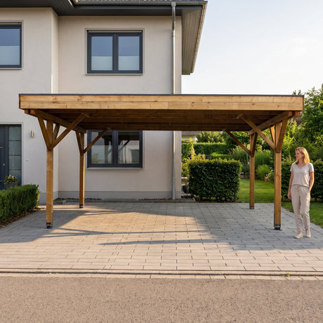 Frau steht neben dem Holzdoppelcarport Amecke auf der Einfahrt vor dem Haus