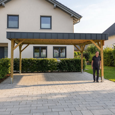 Mann steht neben dem Holzdoppelcarport Amecke Premium auf der Einfahrt vor dem Haus