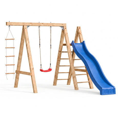 Spielturm Bestwig aus kesseldruckimprägniertem Holz mit Schaukel, Strickleiter, Leiter und blauer Rutsche