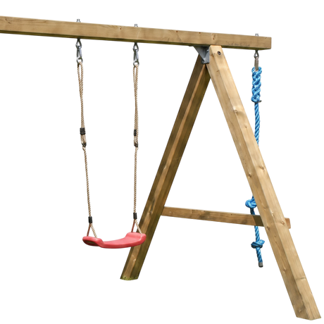Roter Schaukelsitz und blaues Kletterseil am Gestell der Kletterschaukel Hallenberg