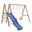Kletterschaukel Bödefeld aus Holz mit blauer Rutsche, Kletterleiter und zwei Schaukelsitzen, Freisteller