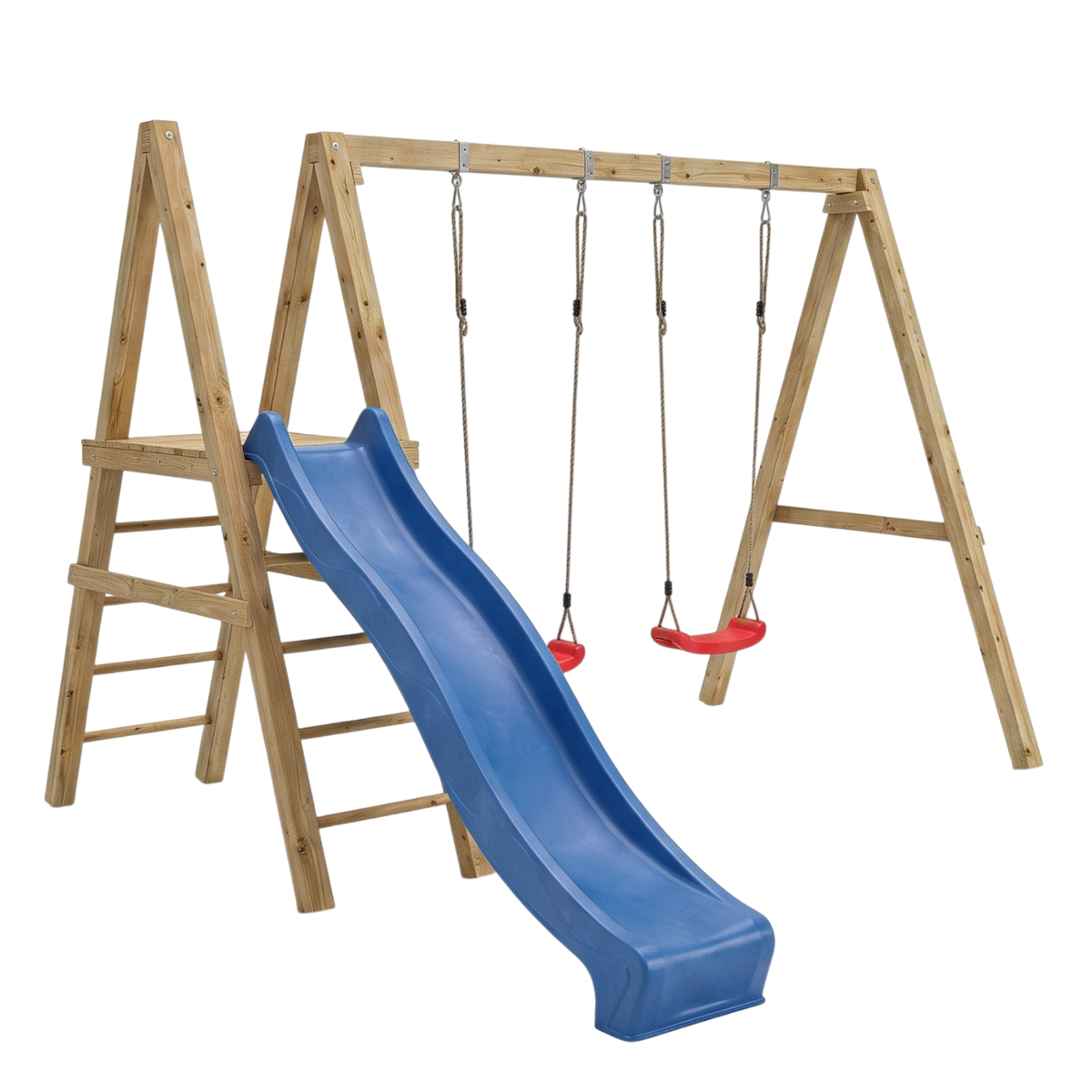 Kletterschaukel Bödefeld aus Holz mit blauer Rutsche, Kletterleiter und zwei Schaukelsitzen, Freisteller