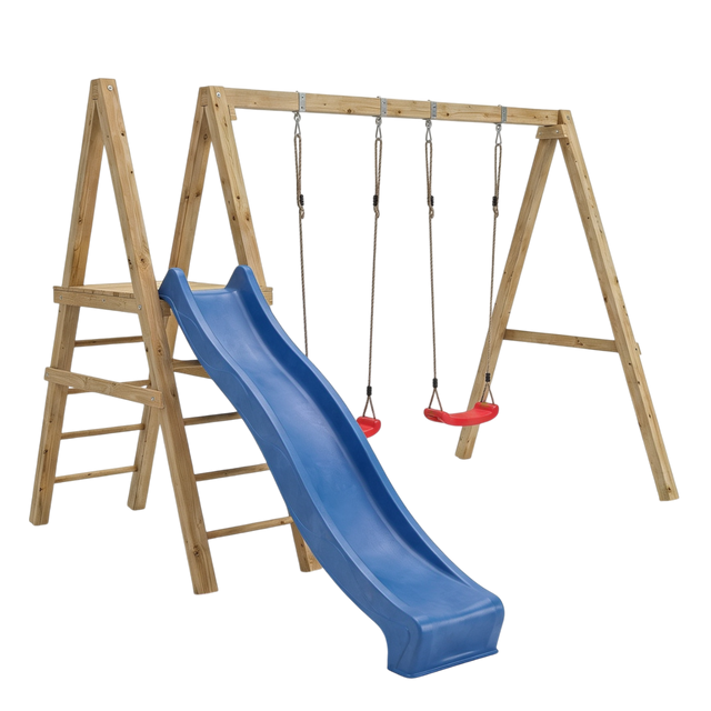 Kletterschaukel Bödefeld aus Holz mit blauer Rutsche, Kletterleiter und zwei Schaukelsitzen, Freisteller