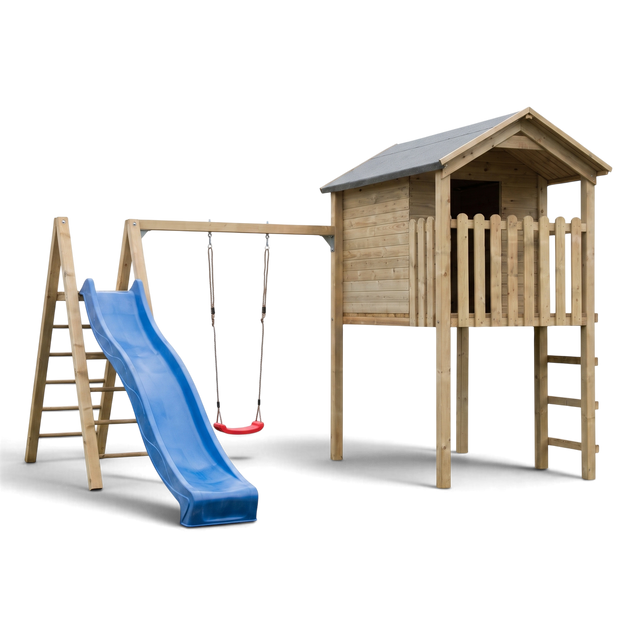 Spielturm Oberkirchen aus kesseldruckimprägniertem Holz mit Stelzenhaus, Schaukel, blauer Rutsche und Leiter, Freisteller