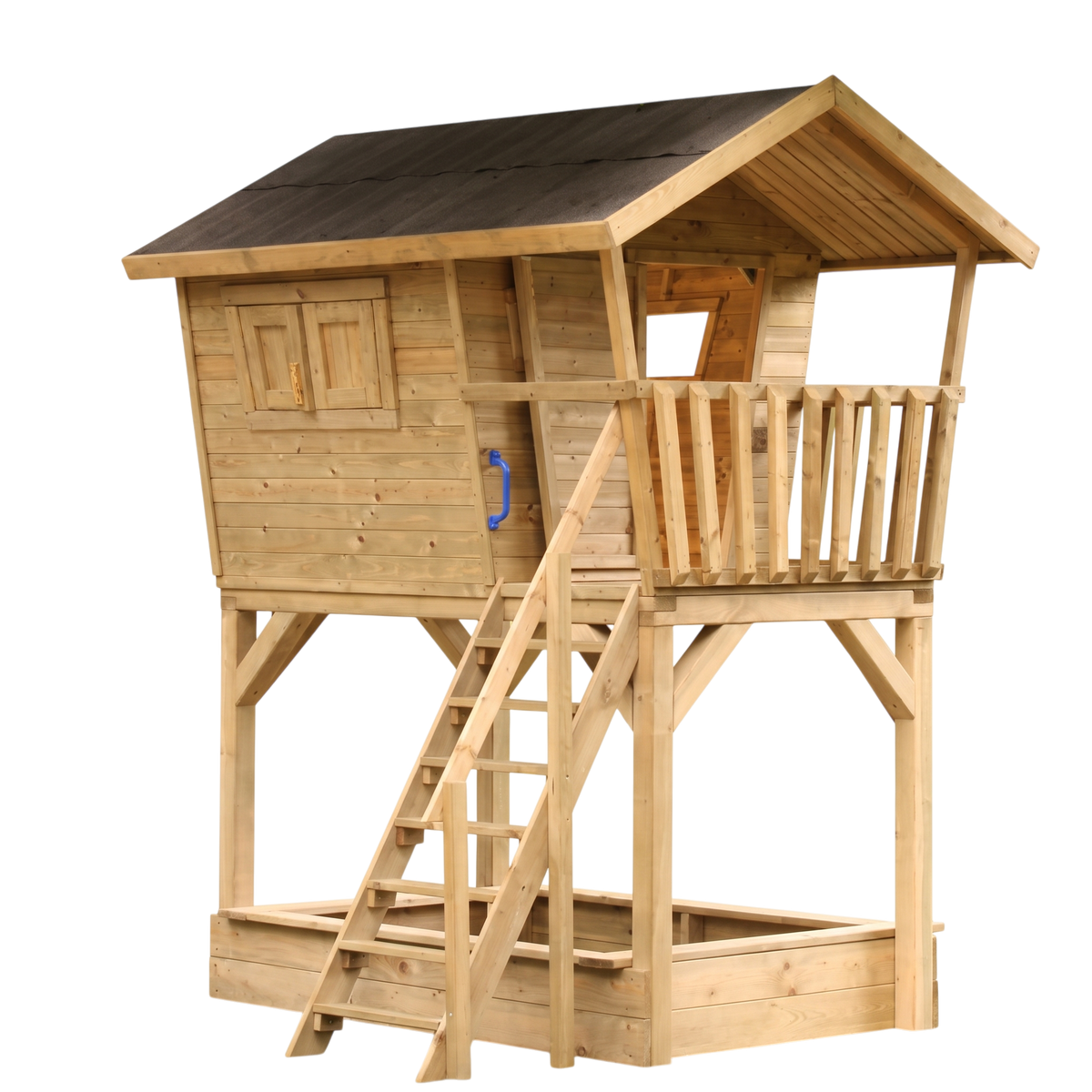 Spielturm Neuastenberg aus kesseldruckimprägniertem Holz mit Stelzenhaus, Balkon, Leiter und Sandkasten, Freisteller