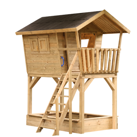 Spielturm Neuastenberg aus kesseldruckimprägniertem Holz mit Stelzenhaus, Balkon, Leiter und Sandkasten, Freisteller