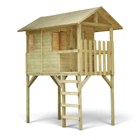 Kinderspielhaus Nordenau kesseldruckimprägniert auf Stelzen mit Leiter, Satteldach und Geländer, Freisteller