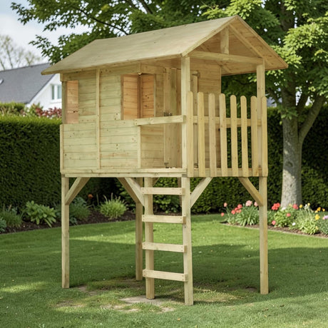 Stelzenhaus Nordenau aus Holz im Garten auf dem Rasen vor einer Hecke
