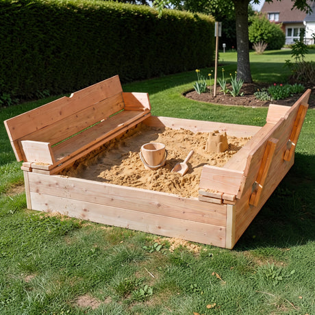 Holz Sandkasten Züschen mit aufgeklappten Sitzbänken und Sand auf dem Rasen im Garten