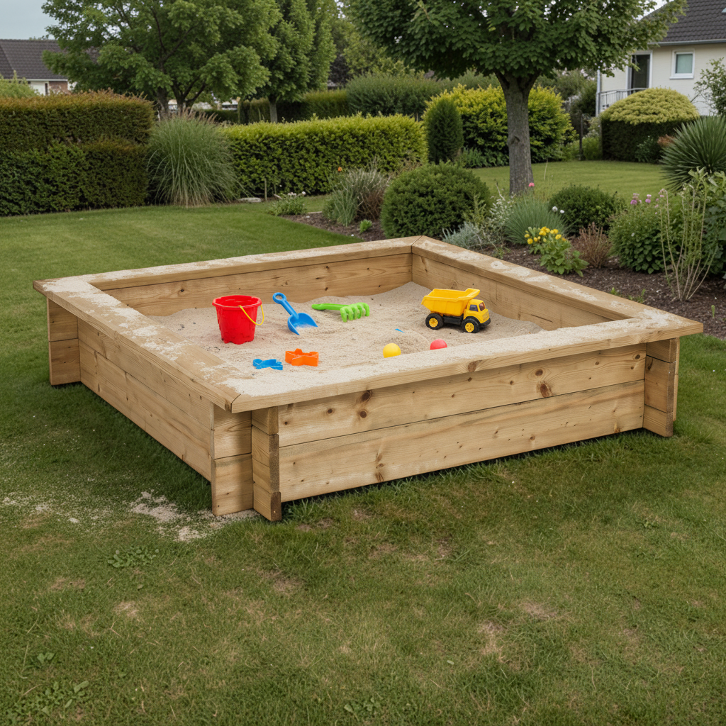 Holz Sandkasten Hachen mit Sandspielzeug auf dem Rasen im Garten vor einer Hecke