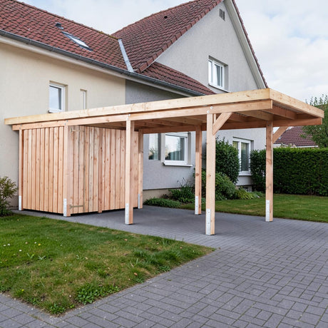 Holz Carport Olsberg mit Abstellraum neben dem Wohnhaus an der gepflasterten Zufahrt