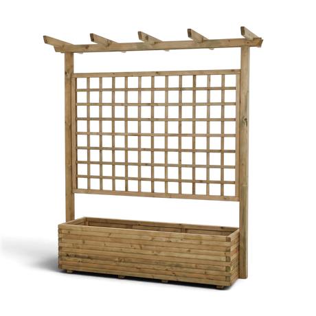 Pflanzkasten mit Pergola Rönkhausen naturbelassen, Holz Rankgitter und Blockbohlen Kasten, Freisteller