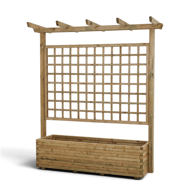 Pflanzkasten mit Pergola Rönkhausen naturbelassen, Holz Rankgitter und Blockbohlen Kasten, Freisteller