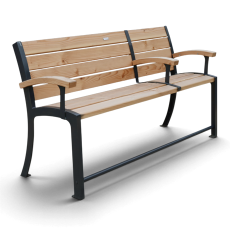 Designbank Holzbank Silberbachtal aus Douglasie mit drei Armlehnen und schwarzem Metallgestell