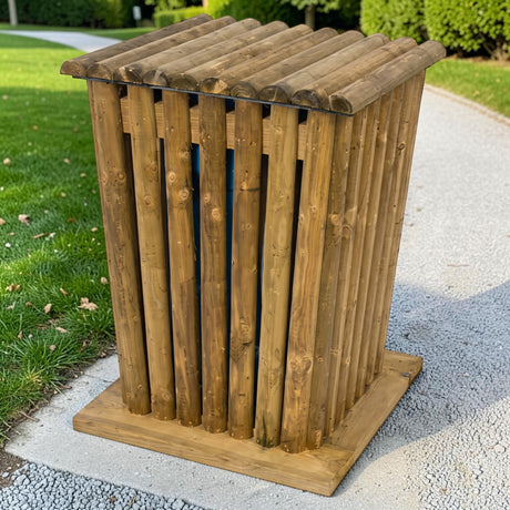 Holz Papierkorb Latferdetal am Rand eines Kieswegs neben Rasen