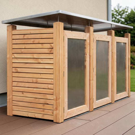 Mülltonnenbox Gleierbachtal Exclusiv auf einer Holzterrasse vor der Hauswand