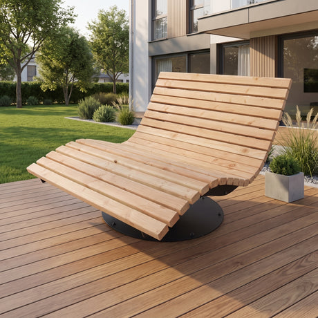Drehbares Waldsofa aus Douglasie auf einer Holzterrasse vor einem modernen Haus