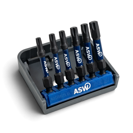 Bitbox mit sechs 50 mm Impact Bits stehend in der Halterung, Freisteller