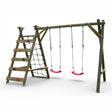 Kletterschaukel Olpe aus Holz mit Kletterwand, Klettersteinen, Netz und zwei Schaukelsitzen, Freisteller