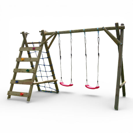 Kletterschaukel Olpe aus Holz mit Kletterwand, Klettersteinen, Netz und zwei Schaukelsitzen, Freisteller
