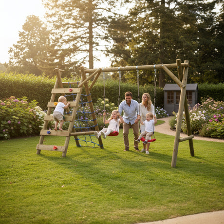 Familie spielt an der Holz Kletterschaukel Olpe im Garten auf dem Rasen